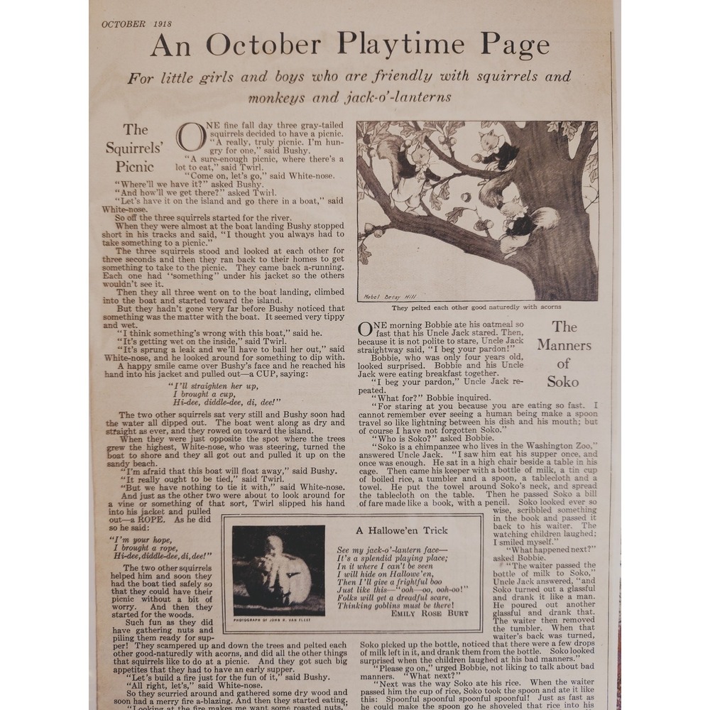 1918 Vintage October Children's Playtime Page Antique‎ Halloween Ephemera Decor